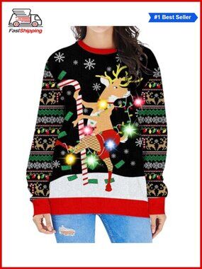 🎅 LED Light Up Ugly Christmas Sweater Reindeer Pullover Womens Acrylic